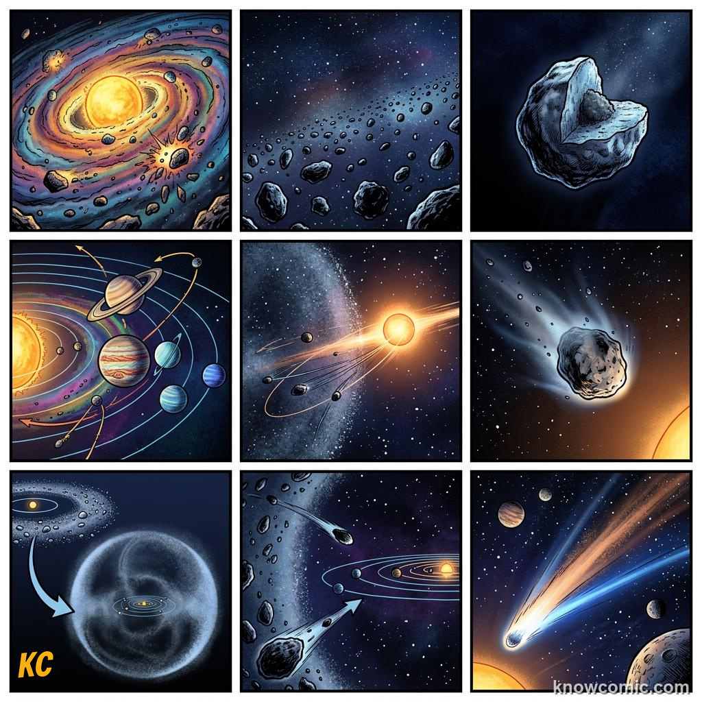 Comic panel about the oort cloud: edge of the solar system: Where Our System Fades, Wonder, educational kids illustration