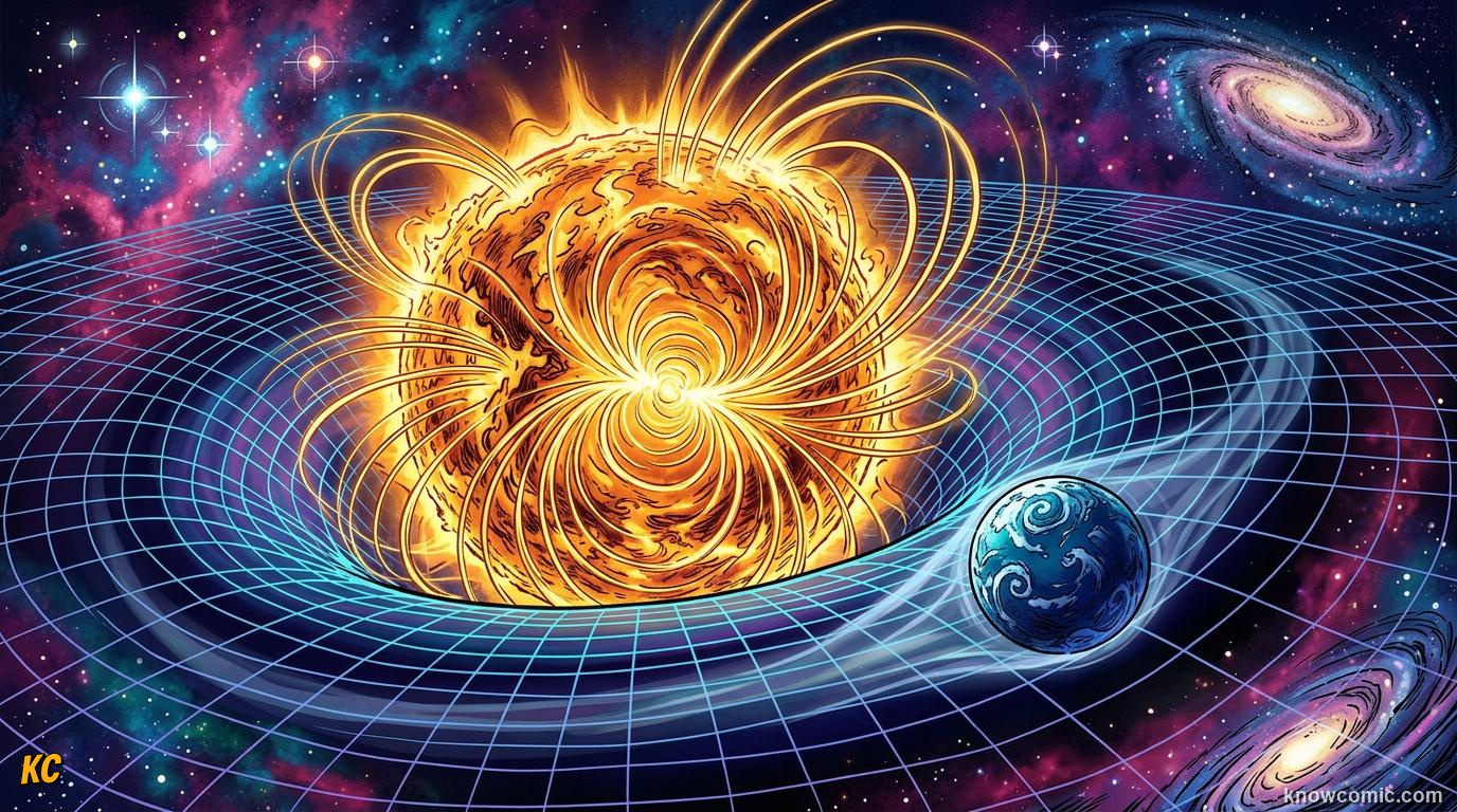 Comic panel about gravity: why planets stay in orbit: Pull, educational kids illustration