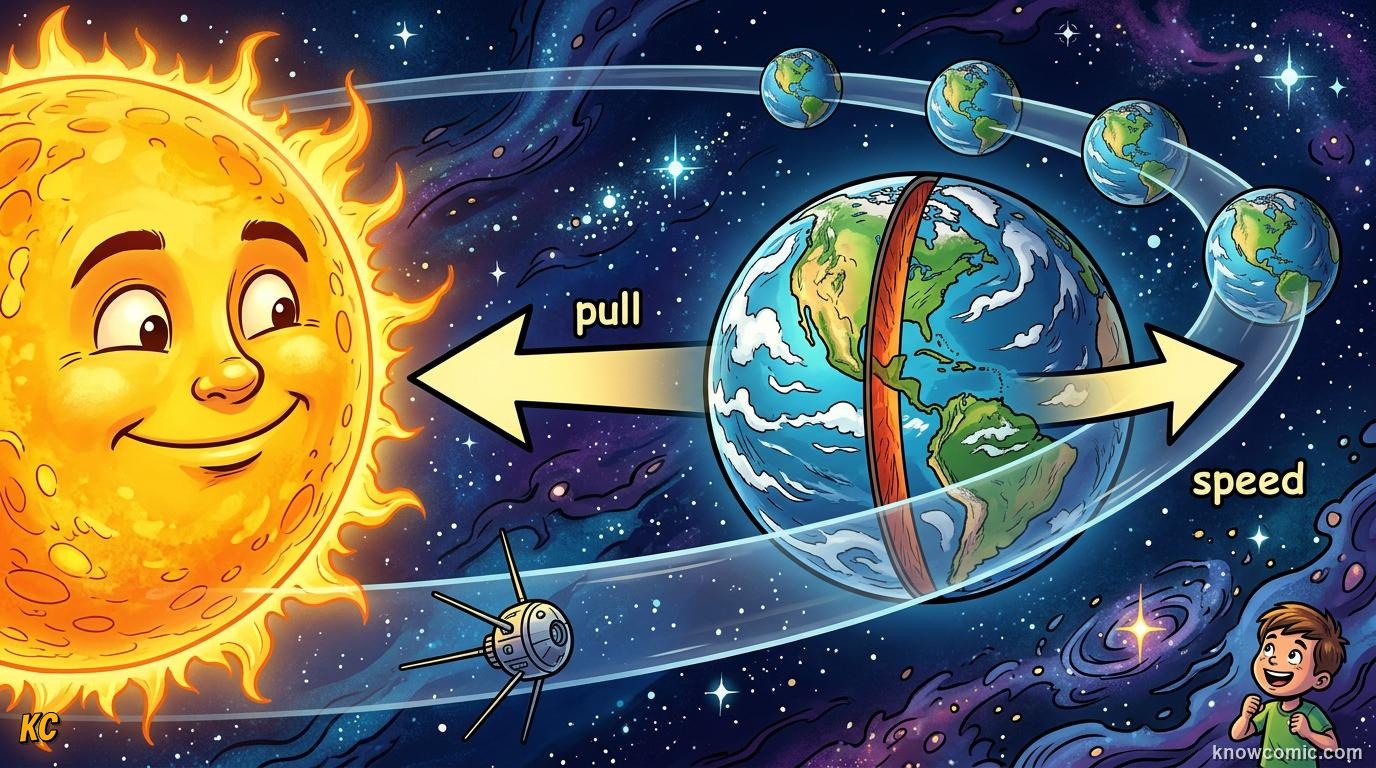 Comic panel about gravity: why planets stay in orbit: Miss The Sun, educational kids illustration