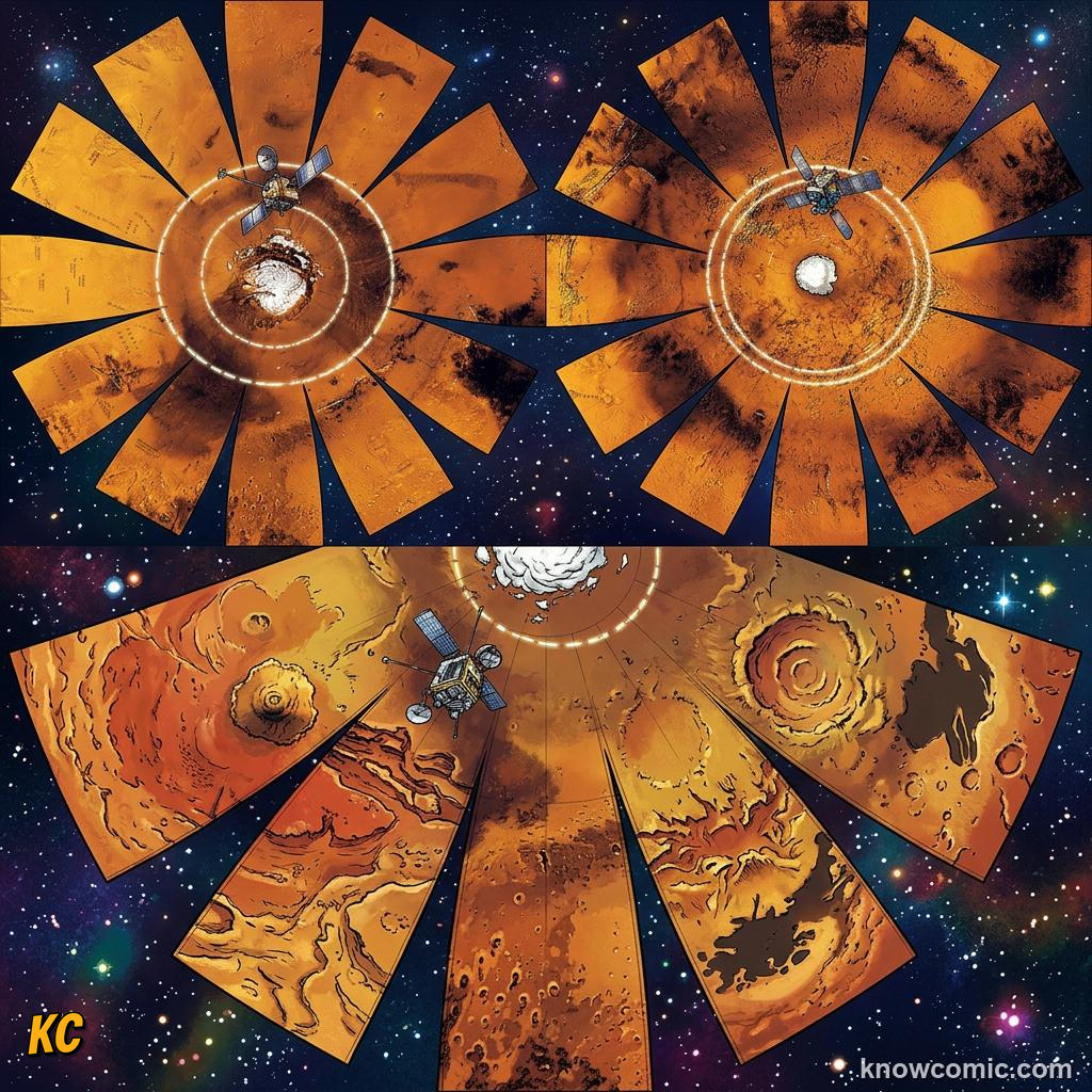 Comic panel about gravity: why planets stay in orbit: Orbit Is Continuous Fall, Balance, educational kids illustration