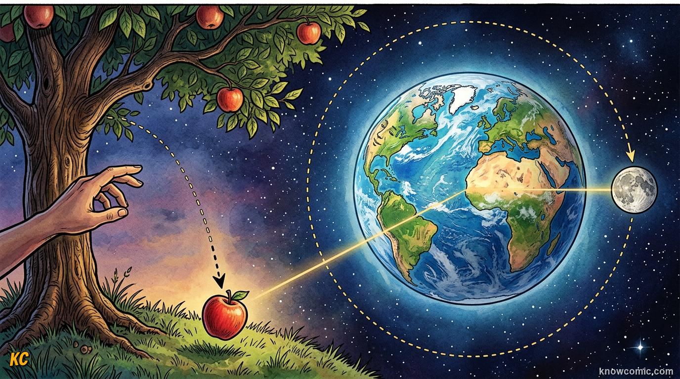 Comic panel about gravity: why planets stay in orbit: Close Or Far, educational kids illustration