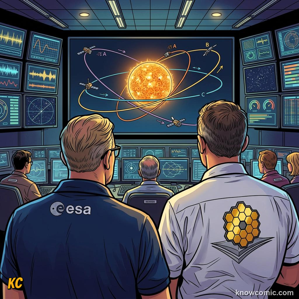 Comic panel about gravity: why planets stay in orbit: Neptune, educational kids illustration