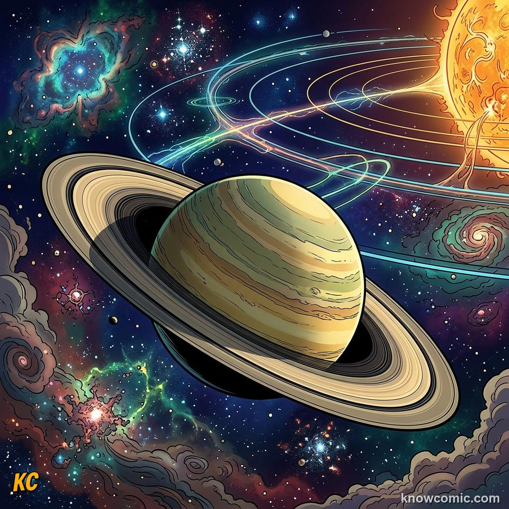 Comic panel about gravity: why planets stay in orbit: Gravity Rules The Cosmos, Same Law, educational kids illustration