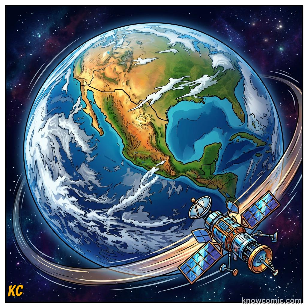Comic panel about gravity: why planets stay in orbit: Gravity Rules The Cosmos, Distance, educational kids illustration