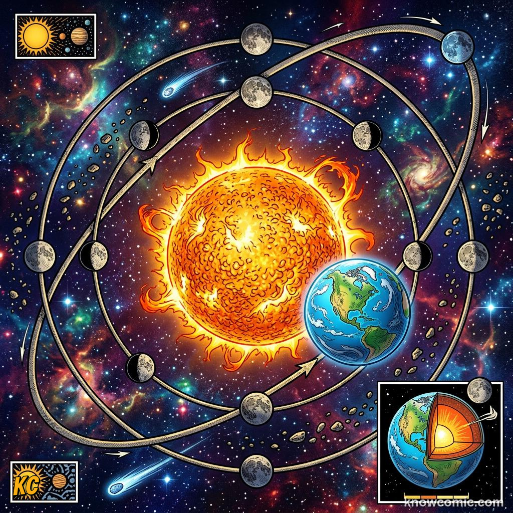 Comic panel about gravity: why planets stay in orbit: Gravity Plus Motion, Think, educational kids illustration