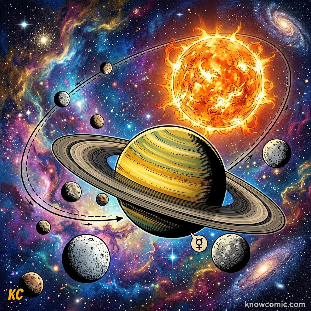 Comic panel about planetary motion: kepler's laws: Focus, educational kids illustration
