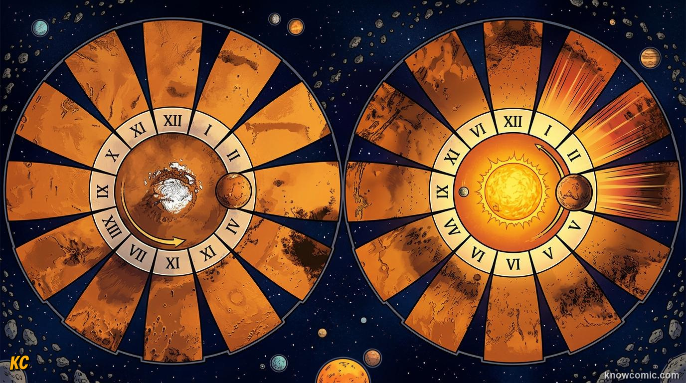 Comic panel about planetary motion: kepler's laws: Sweeping, educational kids illustration