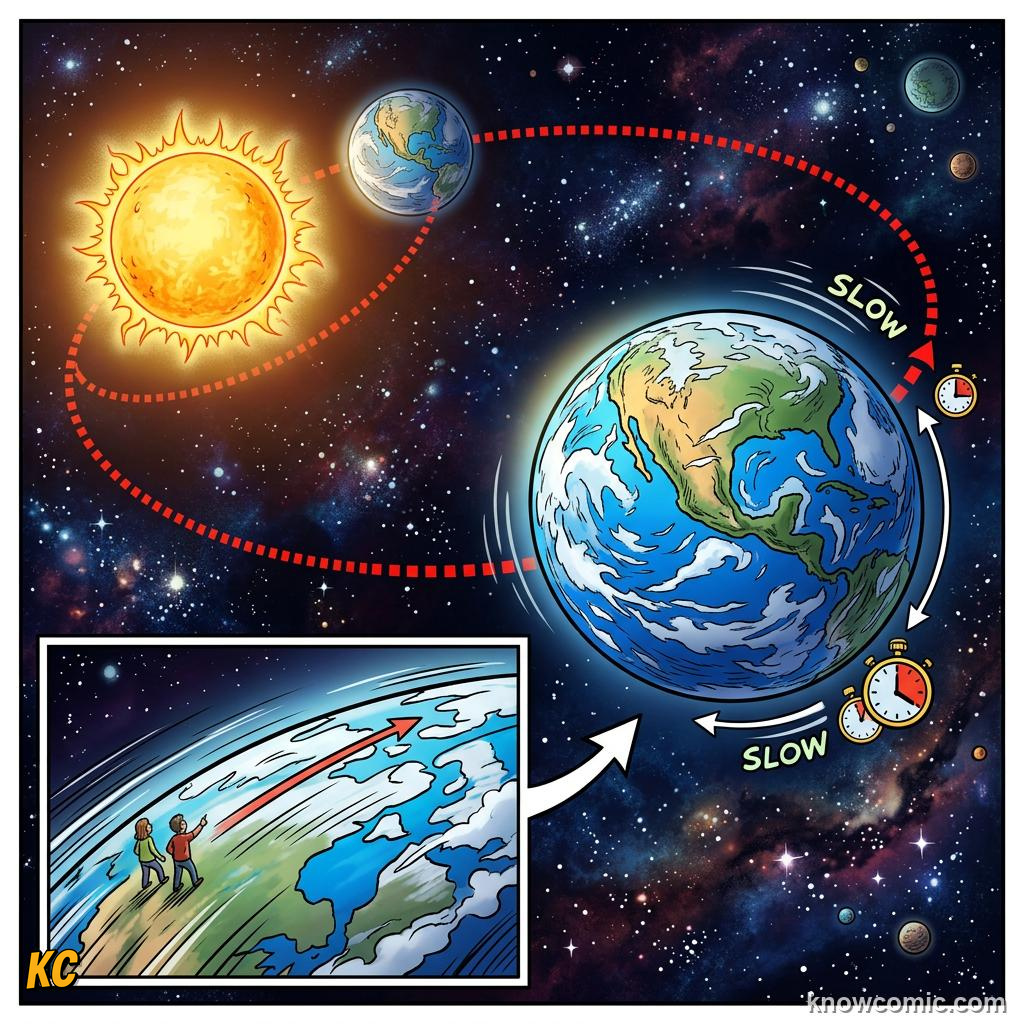 Comic panel about planetary motion: kepler's laws: Faster Near The Sun, Far, educational kids illustration