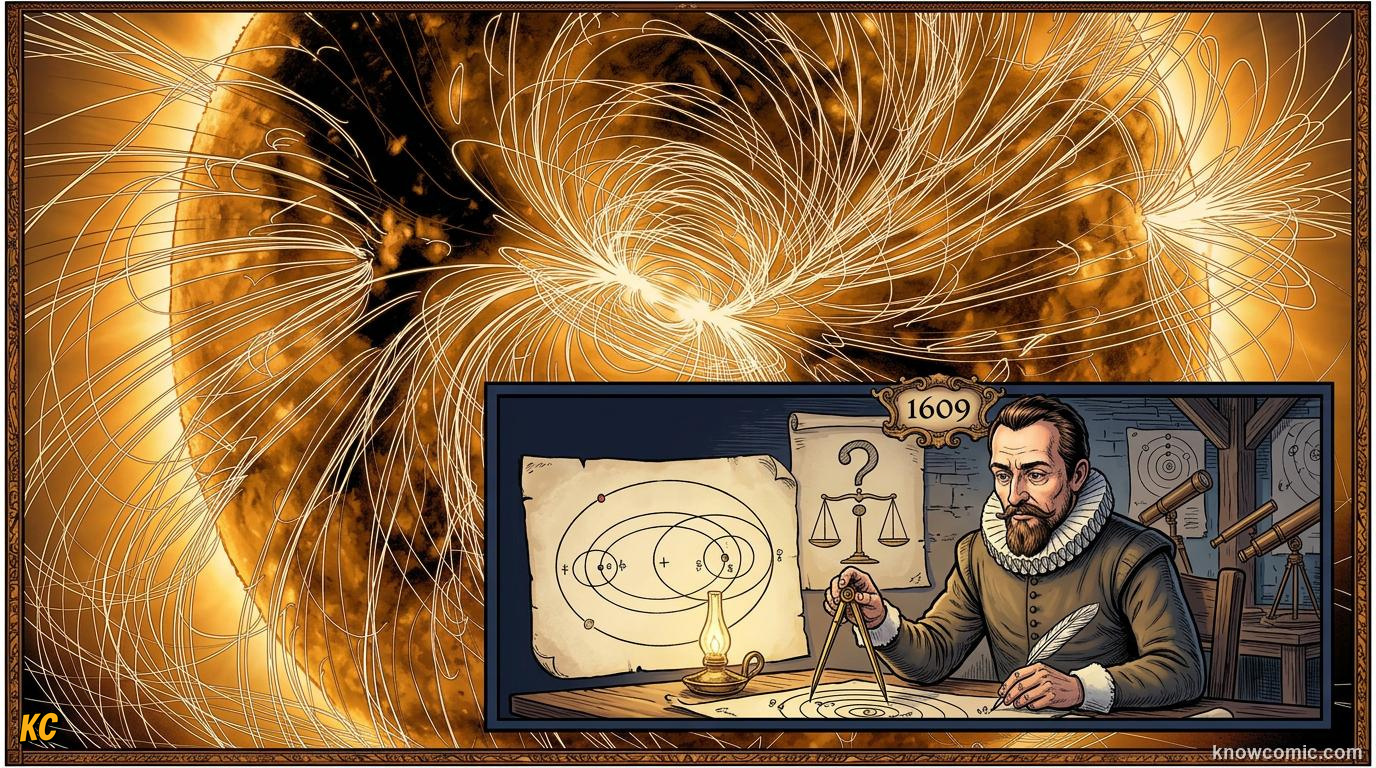 Comic panel about planetary motion: kepler's laws: Distance And Period Linked, Pattern First, educational kids illustration