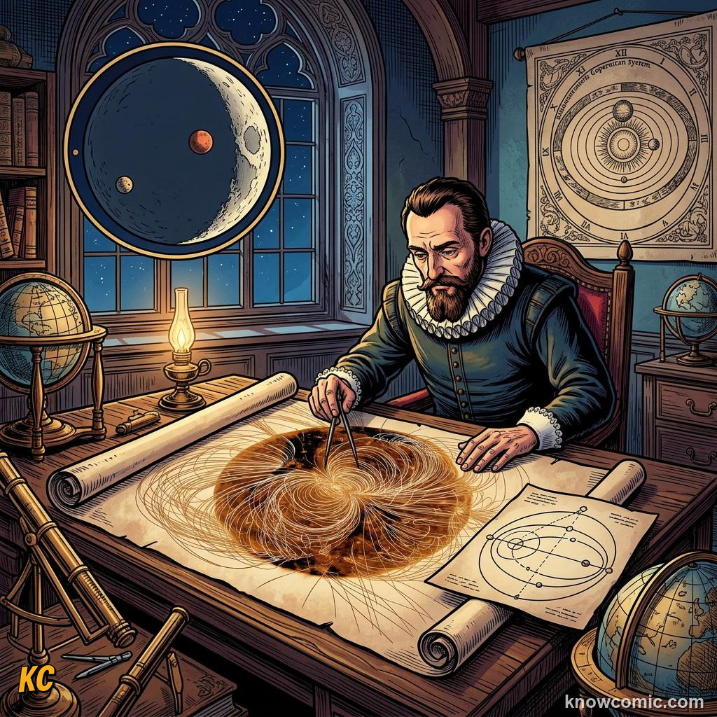 Comic panel about planetary motion: kepler's laws: Why Came Later, 1609, educational kids illustration