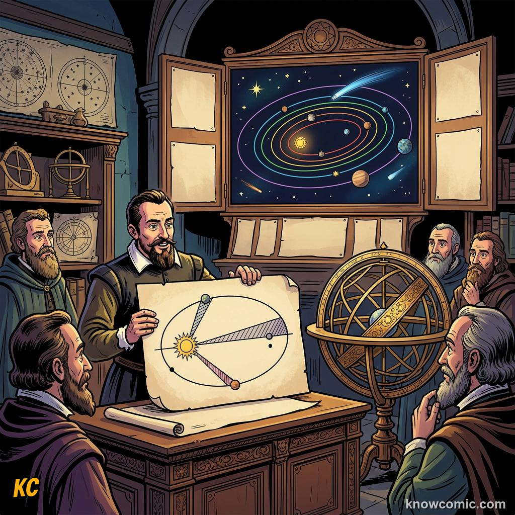 Comic panel about planetary motion: kepler's laws: Why Came Later, Why Later, educational kids illustration