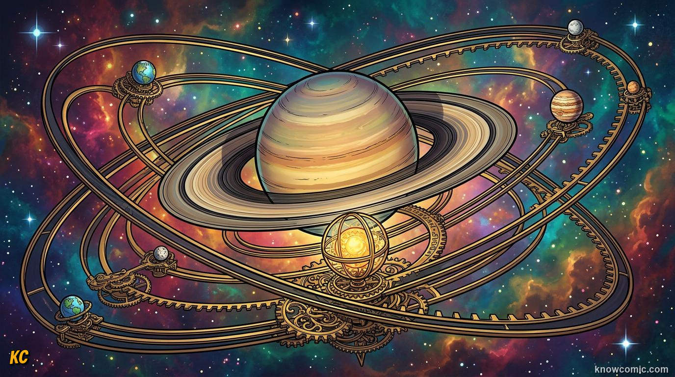 Comic panel about planetary motion: kepler's laws: Three Laws, educational kids illustration
