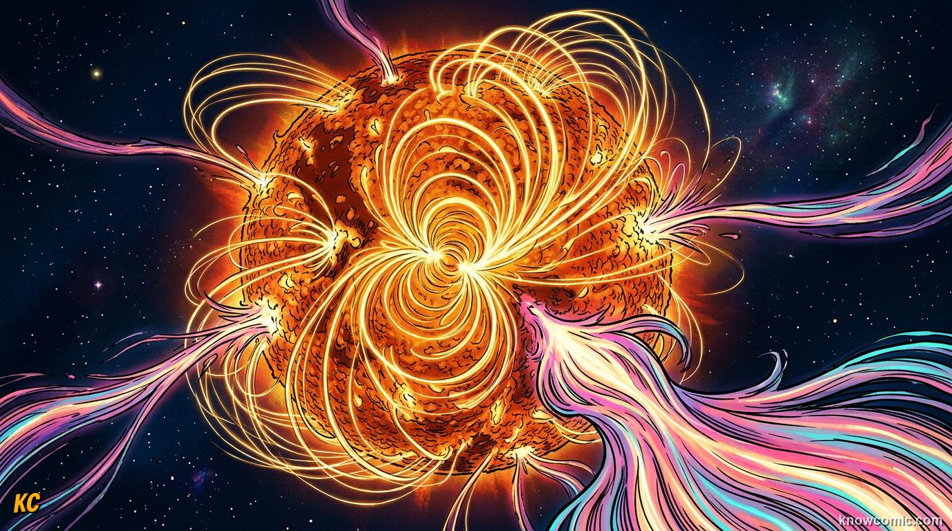 Comic panel about the solar wind: stream from the sun: Constant Flow, educational kids illustration
