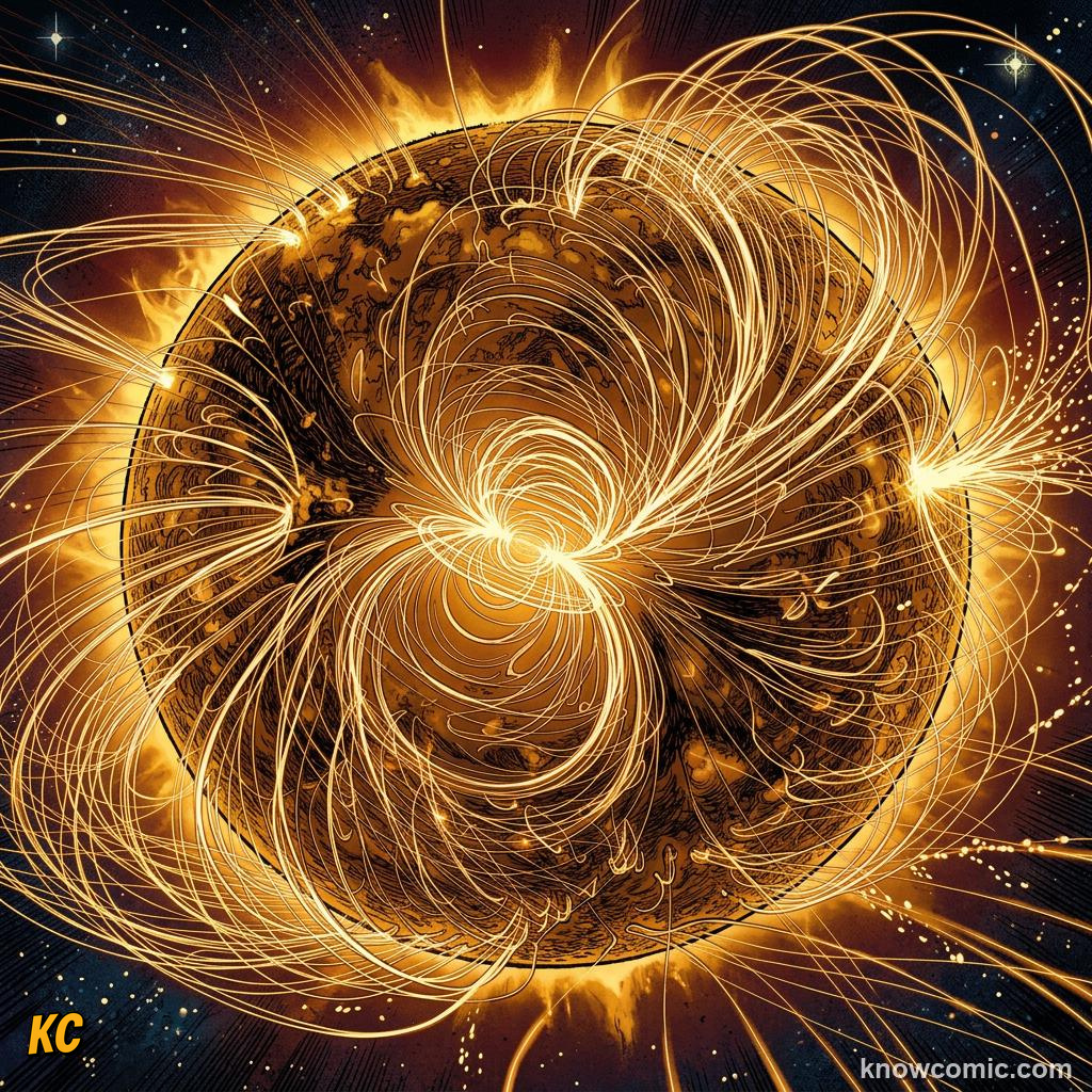 Comic panel about the solar wind: stream from the sun: The Sun Never Stops Blowing, Particles, educational kids illustration