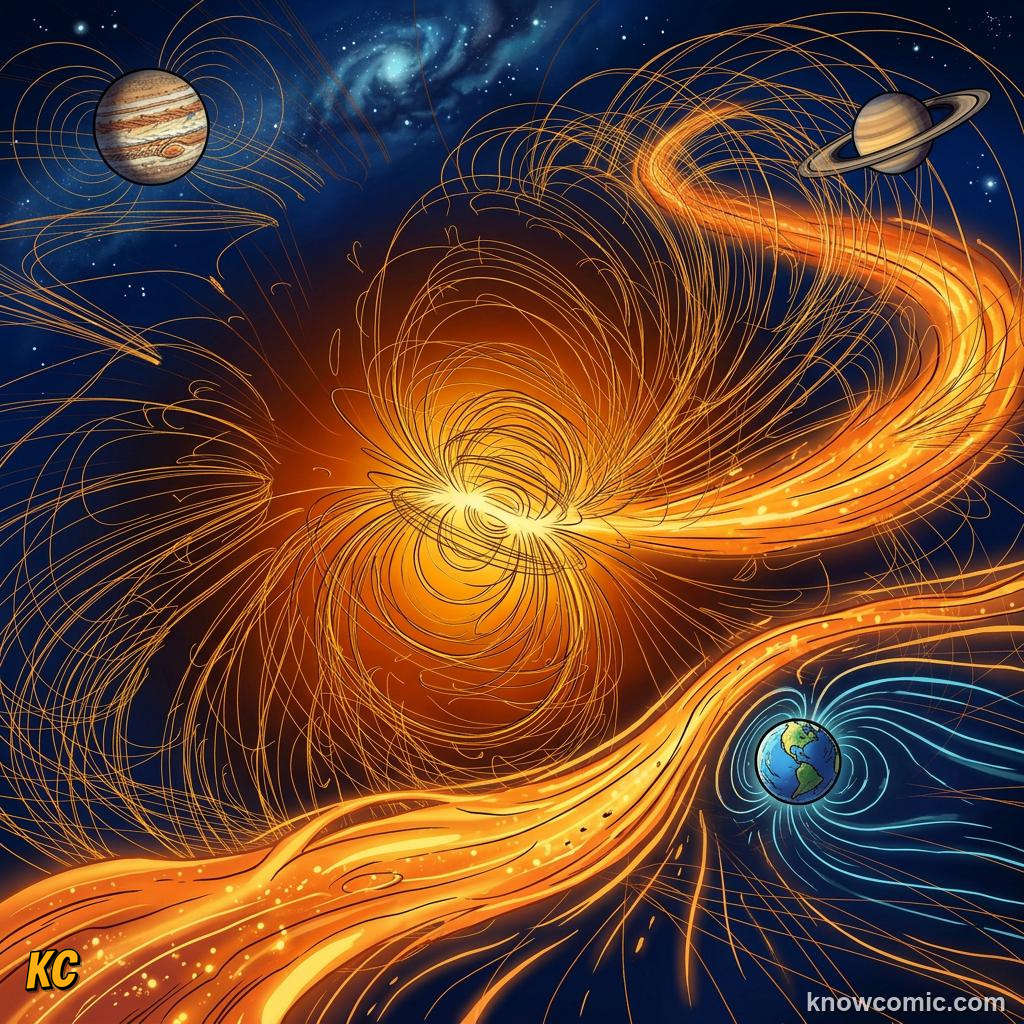 Comic panel about the solar wind: stream from the sun: Speed, educational kids illustration