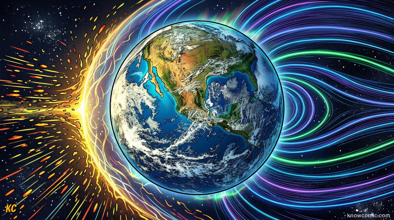 Comic panel about the solar wind: stream from the sun: Outer Sun, educational kids illustration