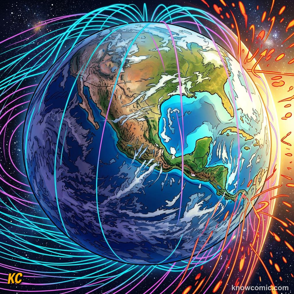 Comic panel about the solar wind: stream from the sun: Where The Wind Begins, Escape, educational kids illustration