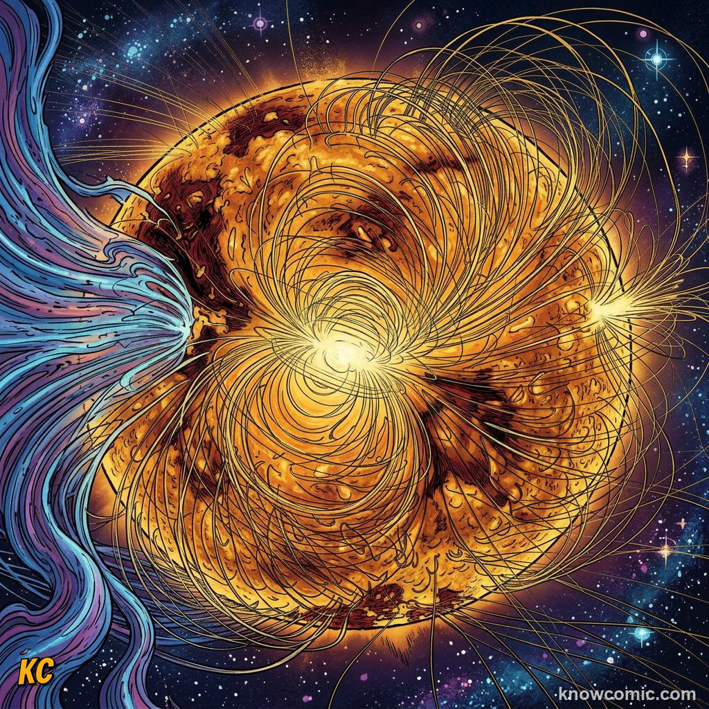 Comic panel about the solar wind: stream from the sun: Speed, educational kids illustration