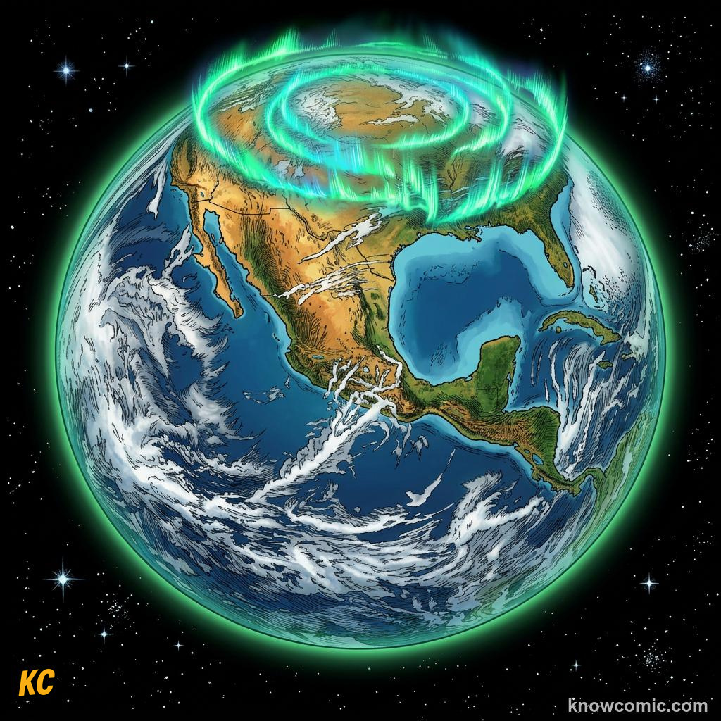 Comic panel about the solar wind: stream from the sun: Deflect, educational kids illustration