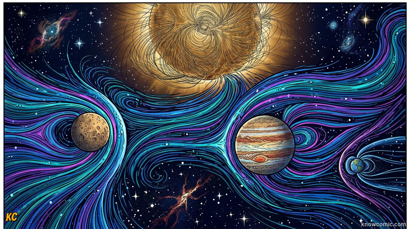 Comic panel about the solar wind: stream from the sun: Our Planetary Force Field, Aurora, educational kids illustration