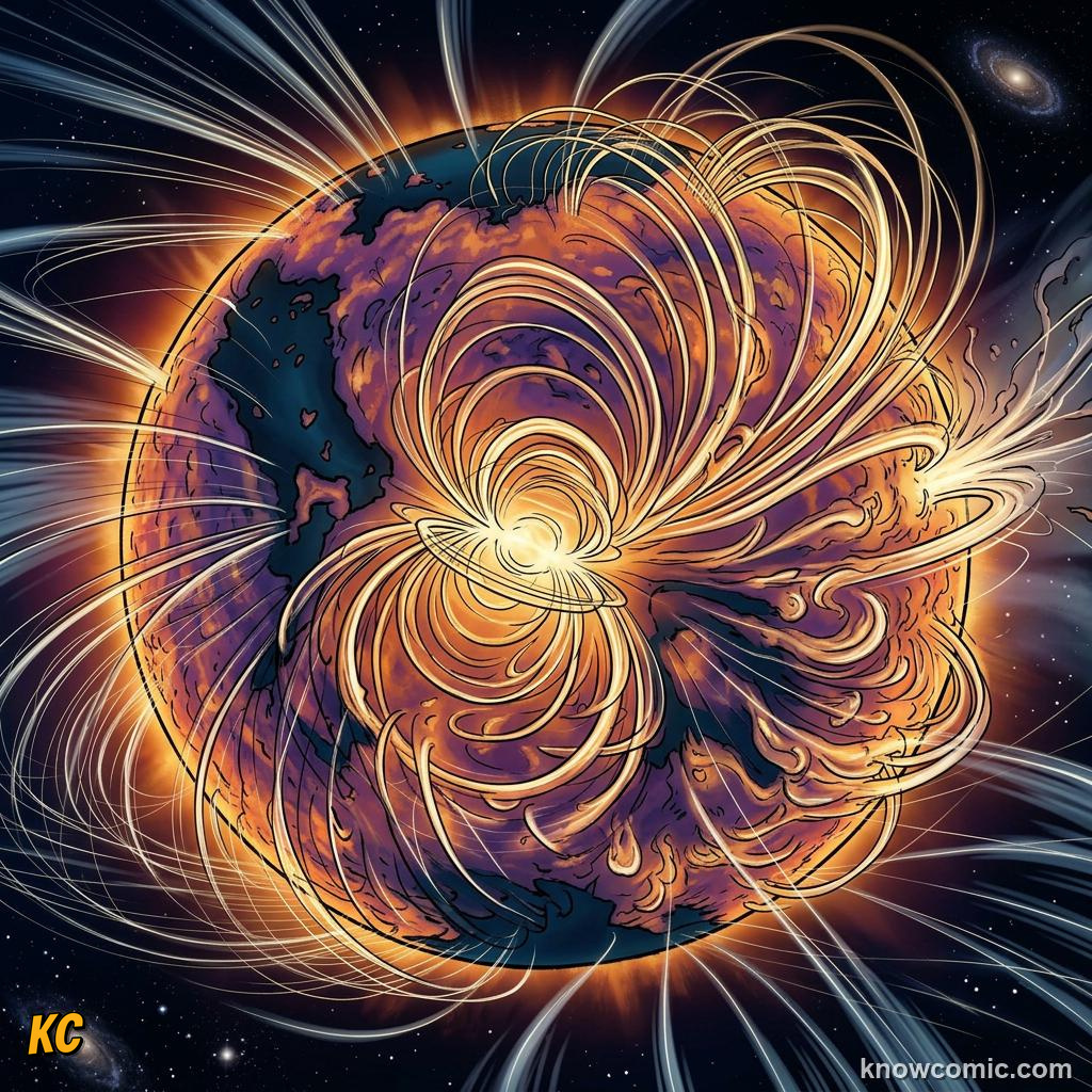Comic panel about the solar wind: stream from the sun: When Particles Slip Through, North, educational kids illustration