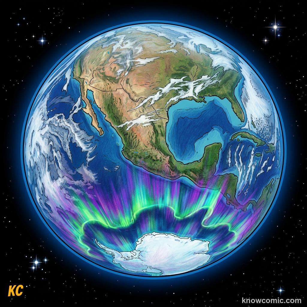 Comic panel about the solar wind: stream from the sun: When Particles Slip Through, South, educational kids illustration