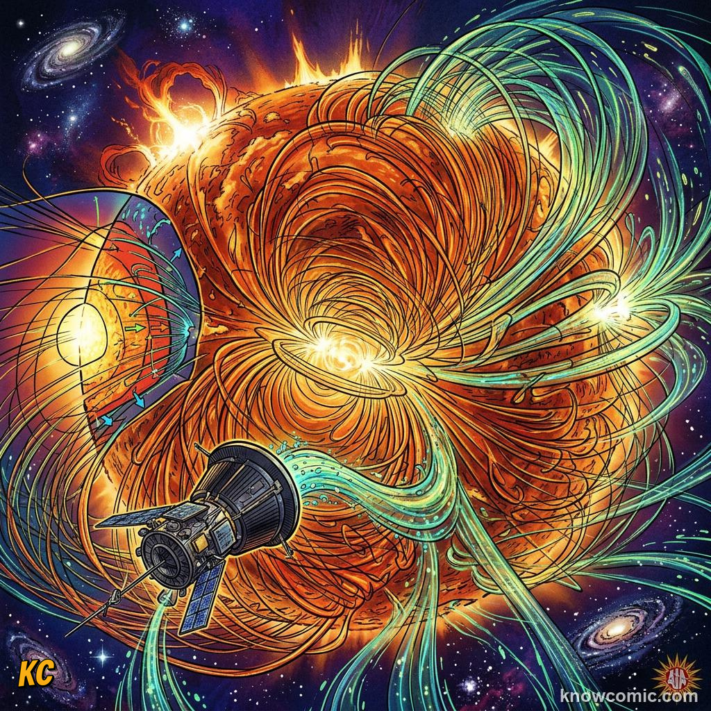 Comic panel about the solar wind: stream from the sun: Gas, educational kids illustration