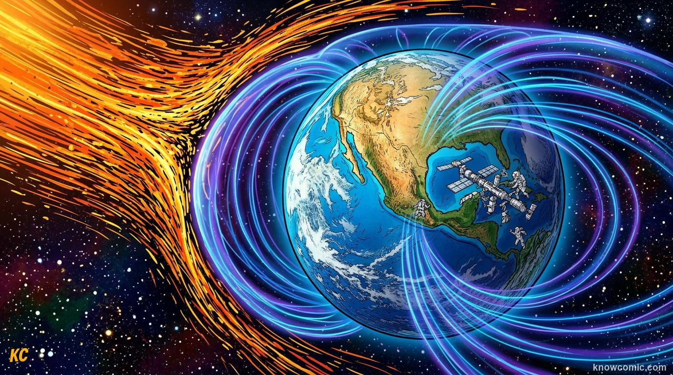 Comic panel about the solar wind: stream from the sun: Wrap Up, educational kids illustration