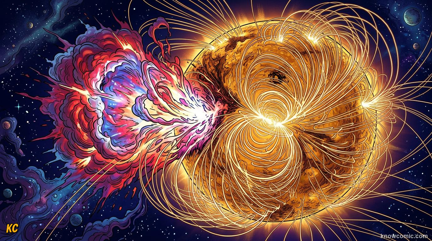 Comic panel about solar flares & space weather: Explosions, educational kids illustration