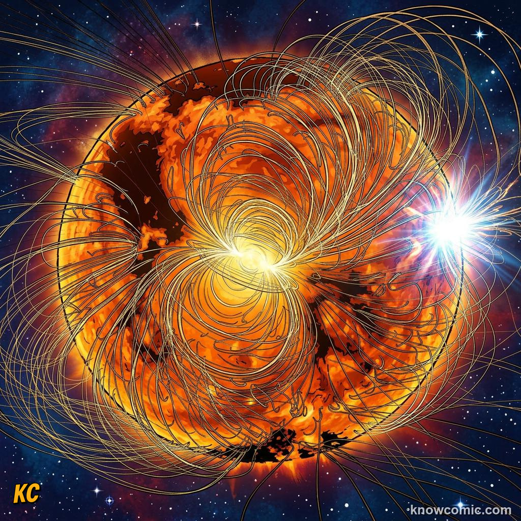 Comic panel about solar flares & space weather: Solar Flares Erupt, Sunspots, educational kids illustration