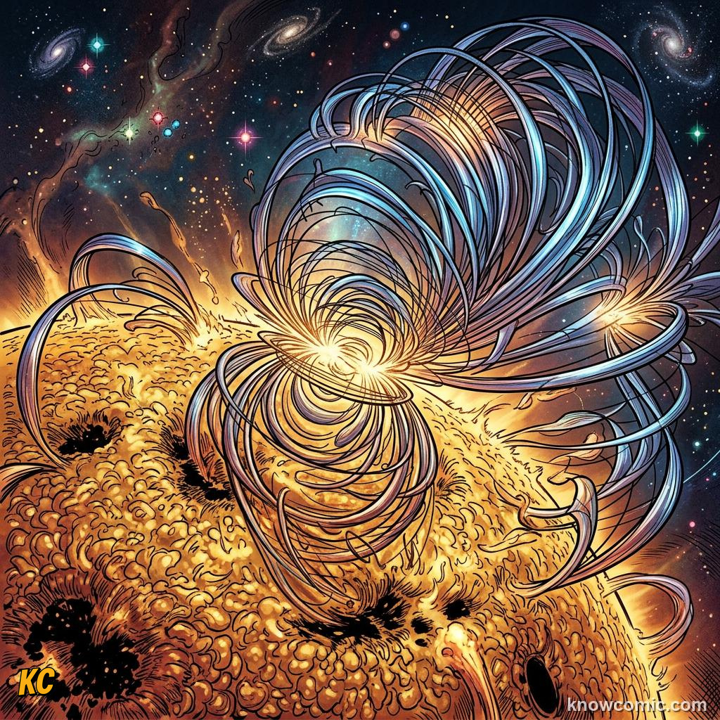 Comic panel about solar flares & space weather: Energy, educational kids illustration