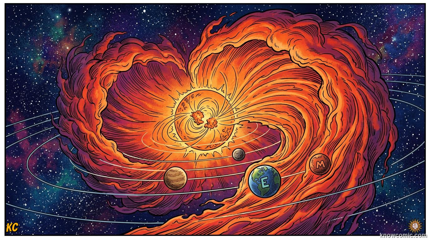 Comic panel about solar flares & space weather: Plasma Clouds, educational kids illustration