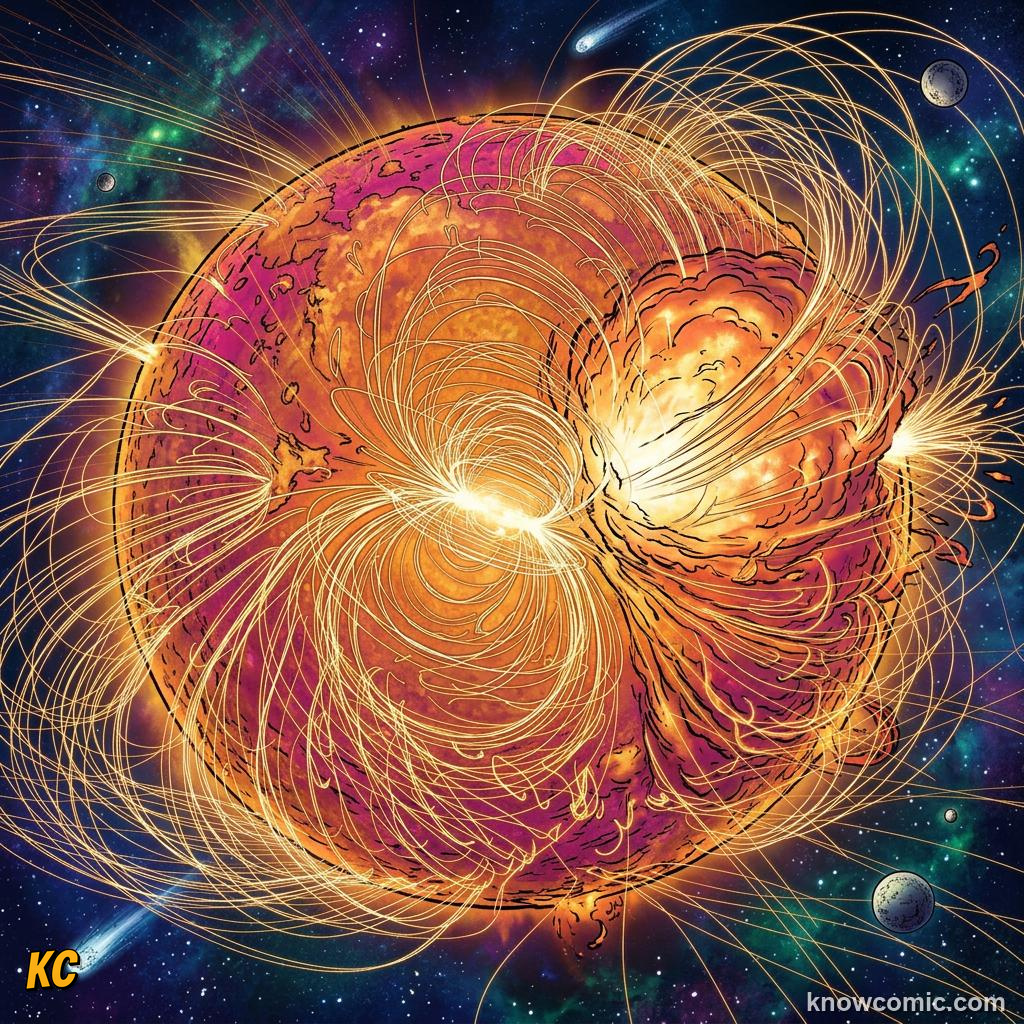 Comic panel about solar flares & space weather: Coronal Mass Ejections, Aim, educational kids illustration
