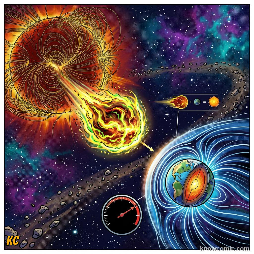 Comic panel about solar flares & space weather: Coronal Mass Ejections, Hit, educational kids illustration