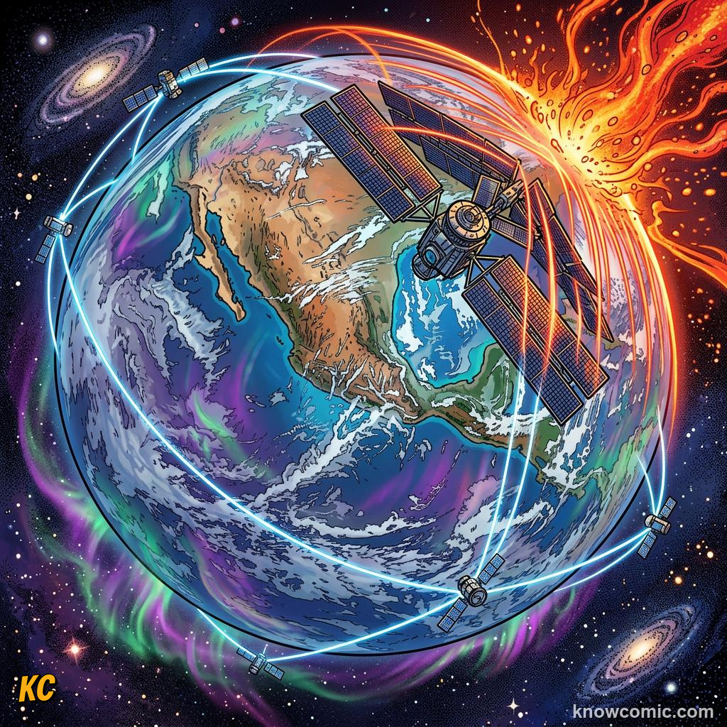 Comic panel about solar flares & space weather: Tons, educational kids illustration