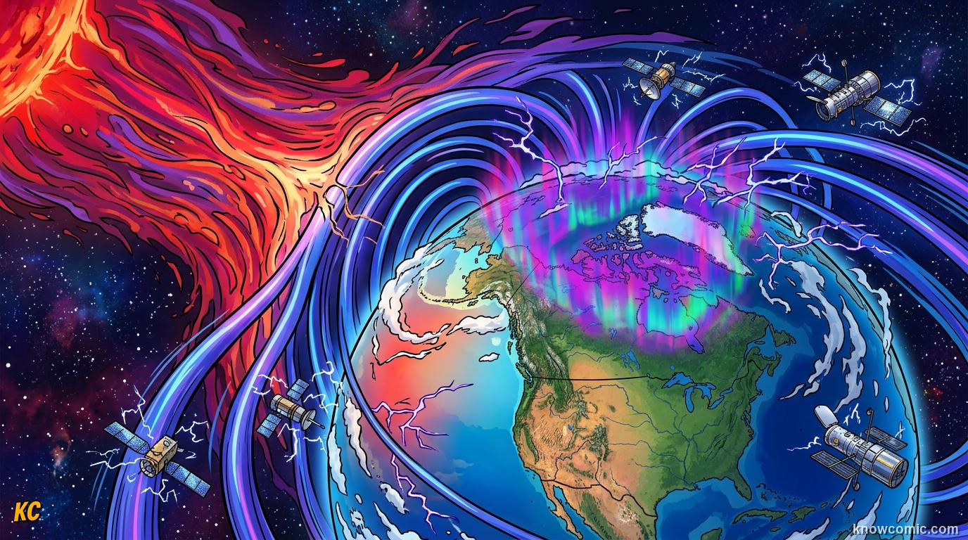 Comic panel about solar flares & space weather: Impacts, educational kids illustration