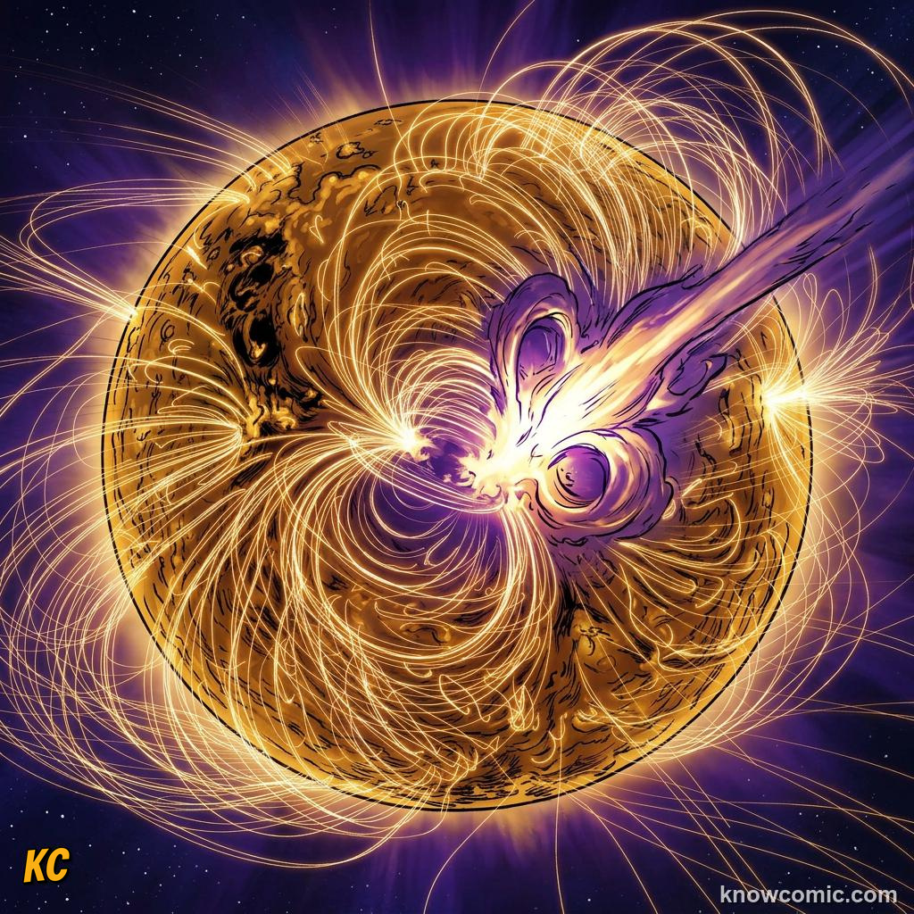 Comic panel about solar flares & space weather: Grid, educational kids illustration