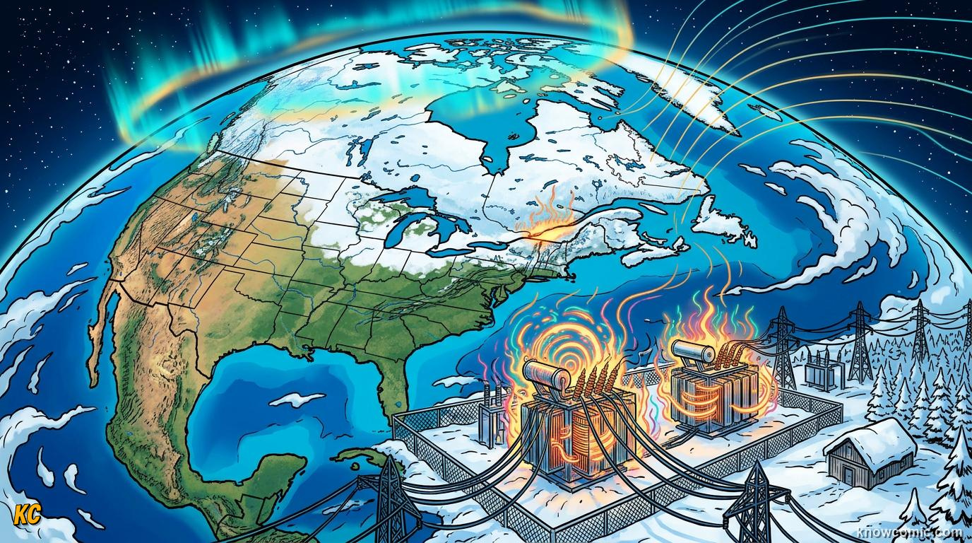 Comic panel about solar flares & space weather: Satellites And Power Grids, Blackout, educational kids illustration