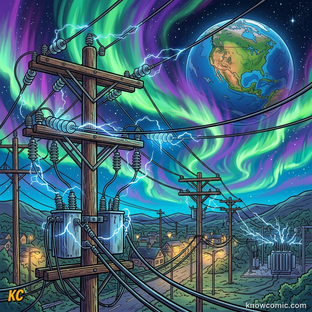 Comic panel about solar flares & space weather: Quebec Goes Dark, educational kids illustration