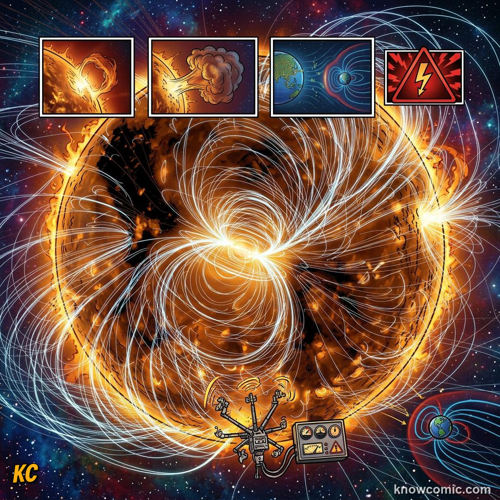 Comic panel about solar flares & space weather: Quebec Goes Dark, Aurora, educational kids illustration