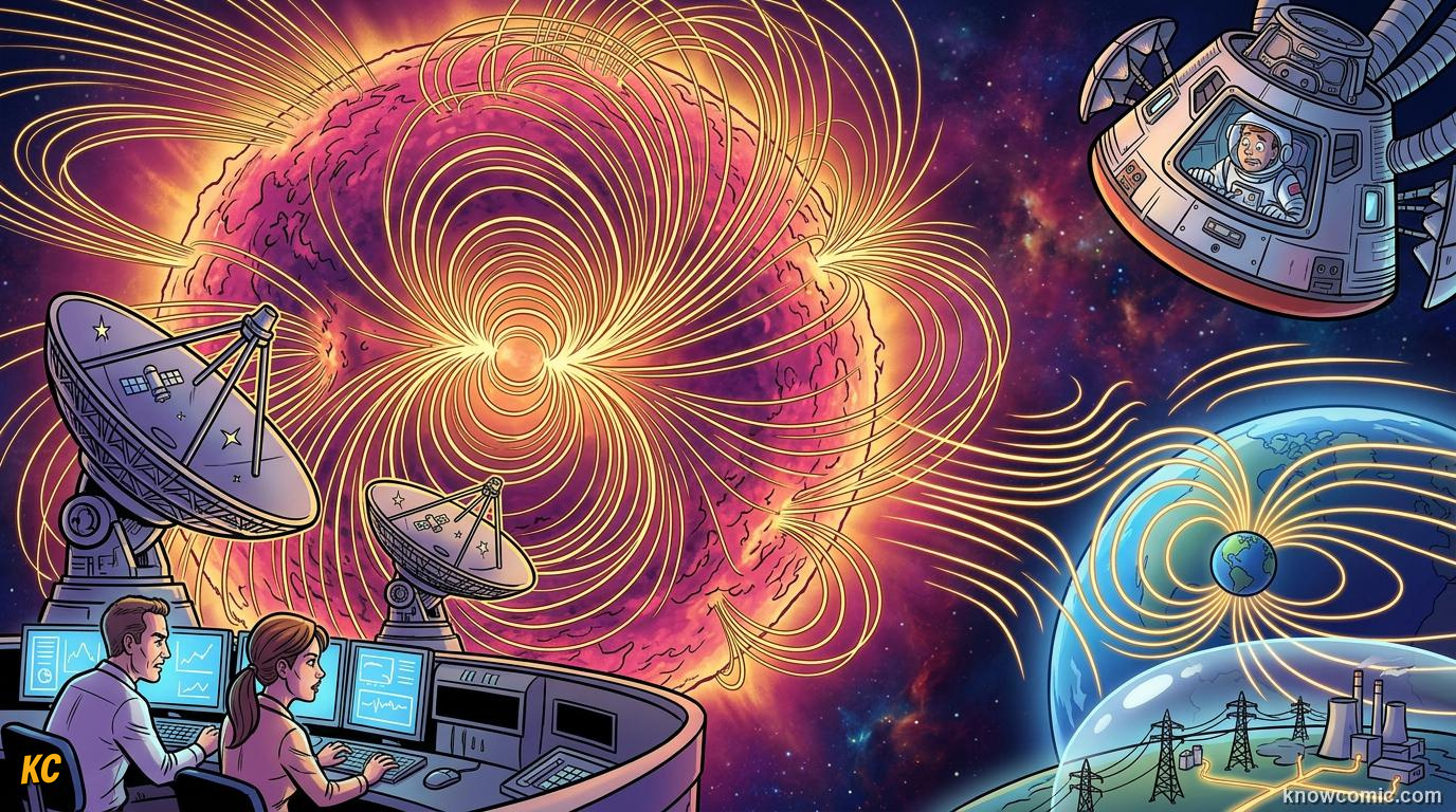 Comic panel about solar flares & space weather: Watch The Sun, educational kids illustration