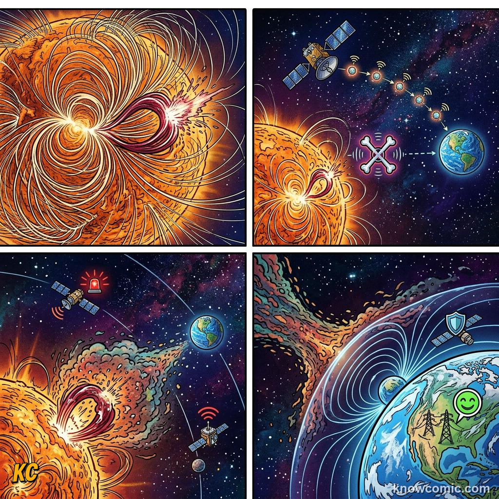 Comic panel about solar flares & space weather: Space Weather Science, Alert, educational kids illustration