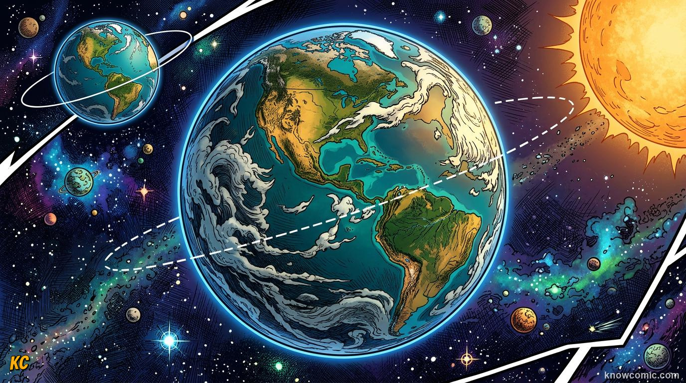 Comic panel about seasons: earth's tilt explained: 23.5 Degrees, educational kids illustration