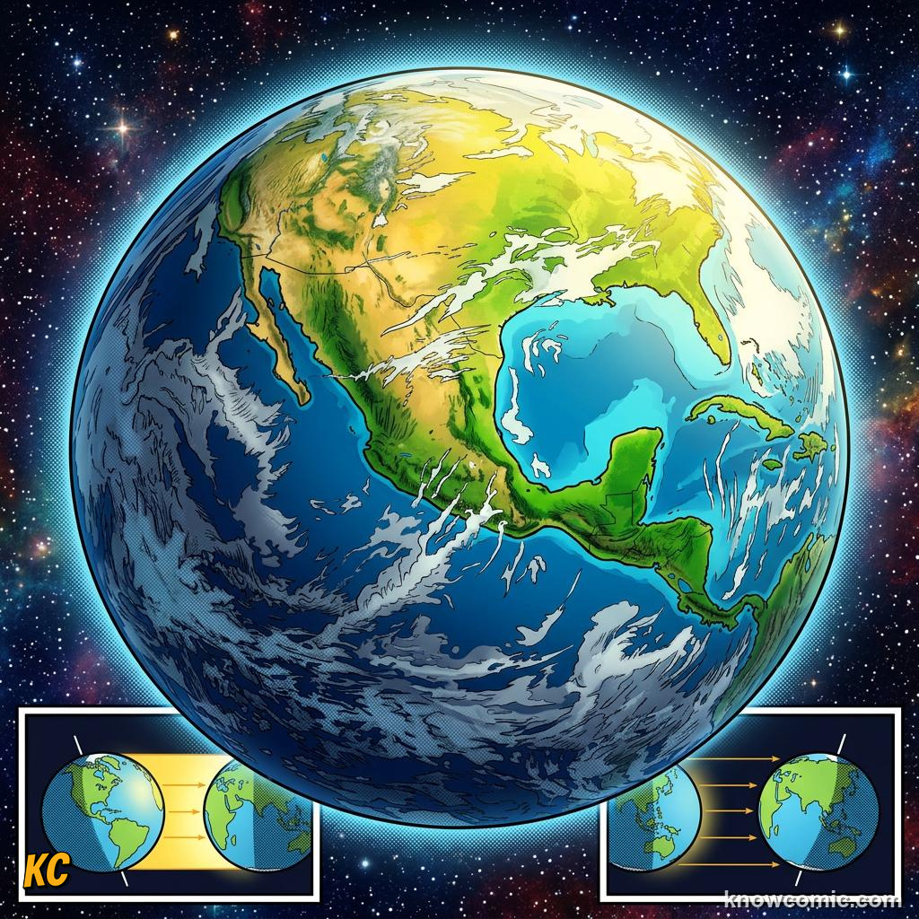 Comic panel about seasons: earth's tilt explained: Earth Leans As It Spins, Axis, educational kids illustration