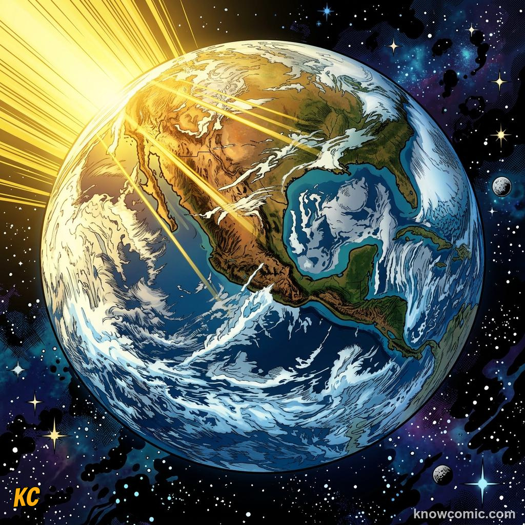 Comic panel about seasons: earth's tilt explained: Why Summer Feels Hotter, educational kids illustration