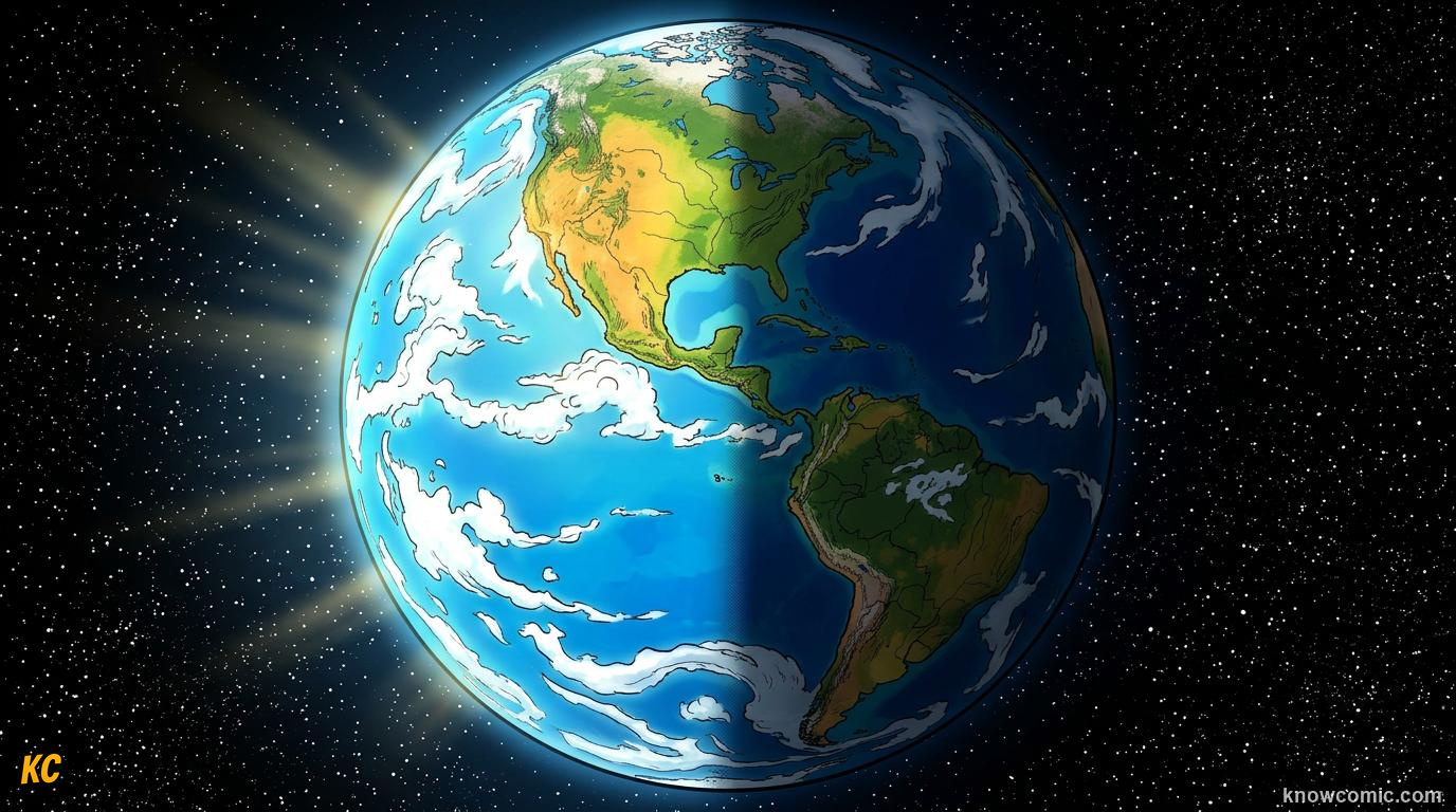 Comic panel about seasons: earth's tilt explained: Long & Short, educational kids illustration