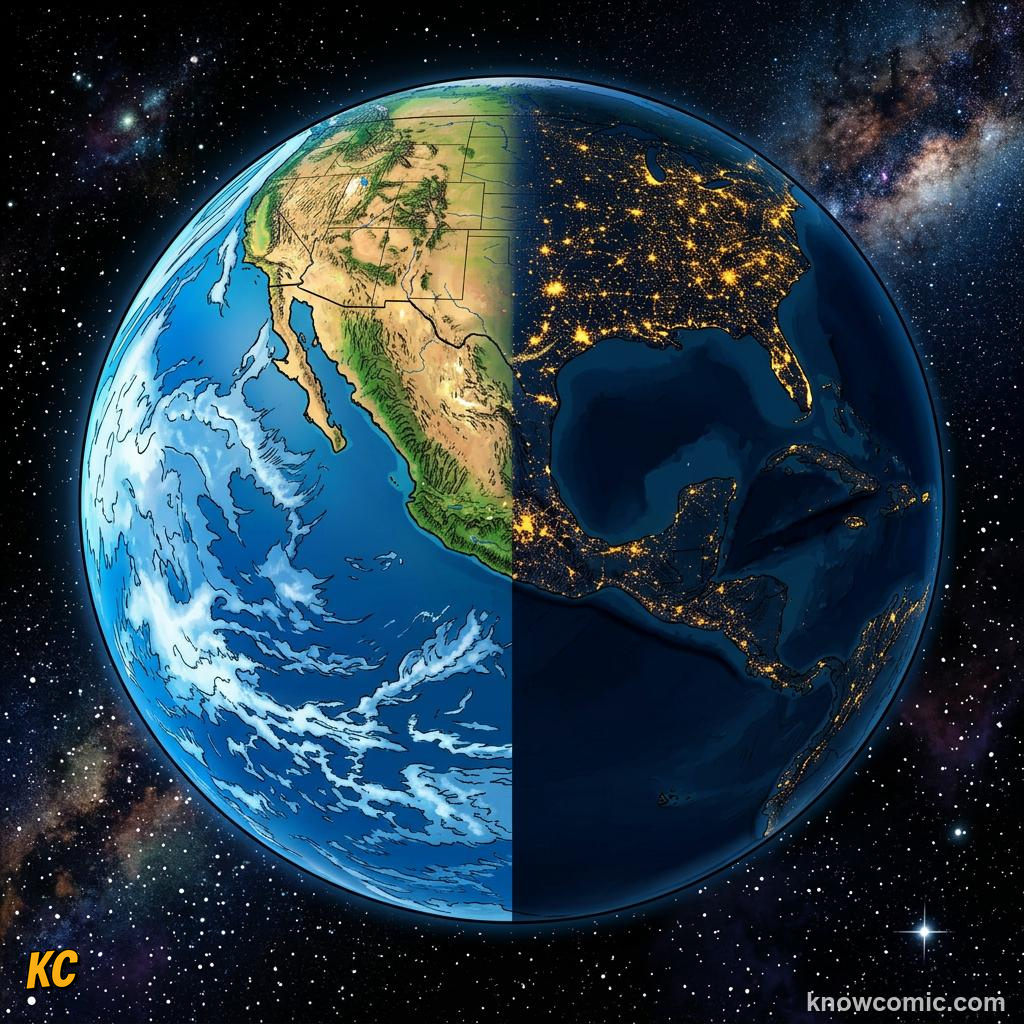 Comic panel about seasons: earth's tilt explained: June, educational kids illustration