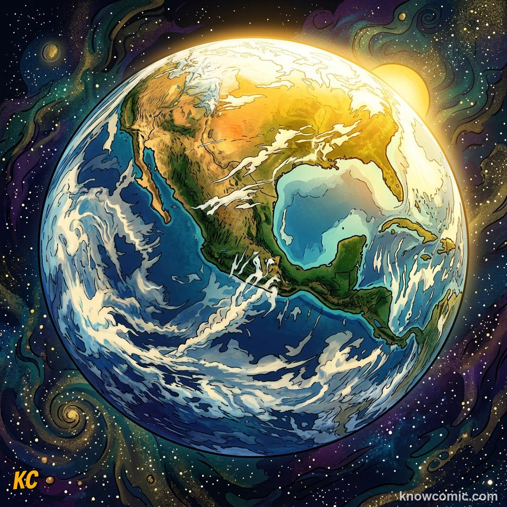 Comic panel about seasons: earth's tilt explained: December, educational kids illustration