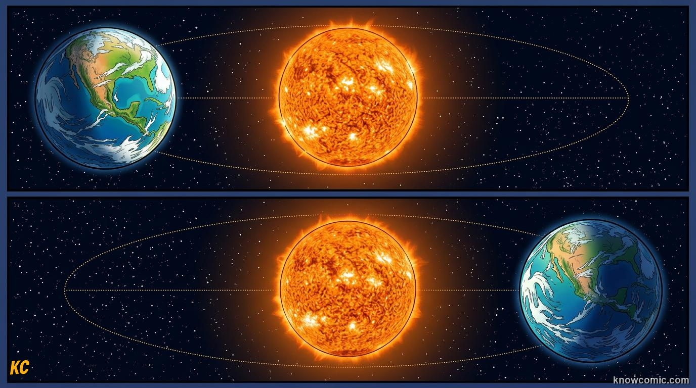 Comic panel about seasons: earth's tilt explained: The Most Tilted Days, Equal Light, educational kids illustration