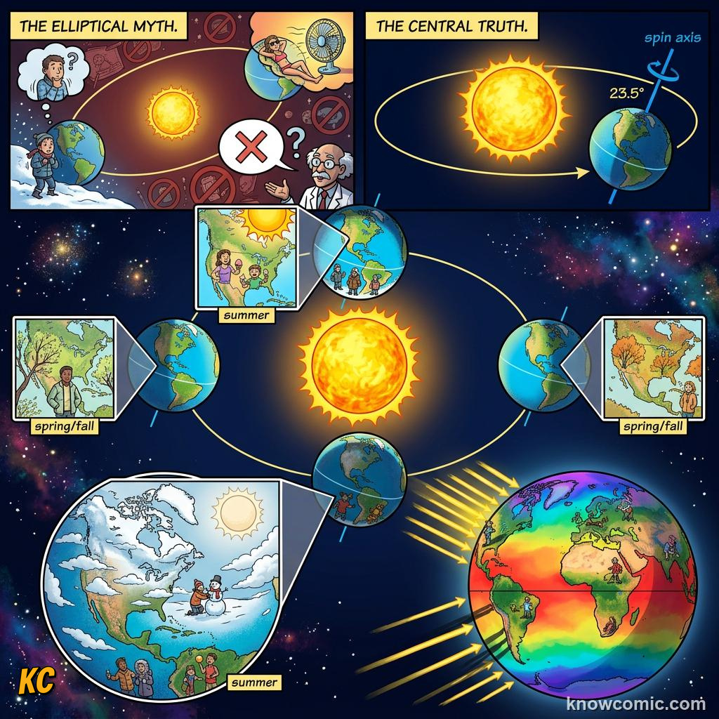Comic panel about seasons: earth's tilt explained: Day And Night Balance, March, educational kids illustration